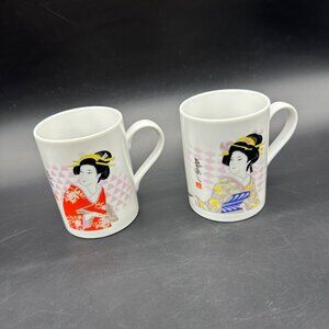 Vintage Geisha Girl Mugs Asian Style Japan Ceramic Set of 2 Red Blue Pink